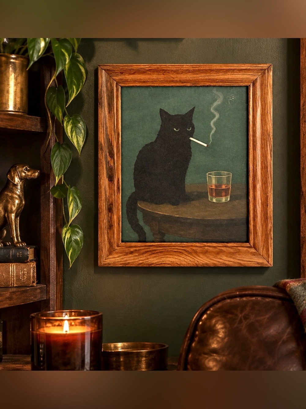 Vintage Black Cat Smoking & Whiskey Framed Wall Art Print 10x12” Moody Decor